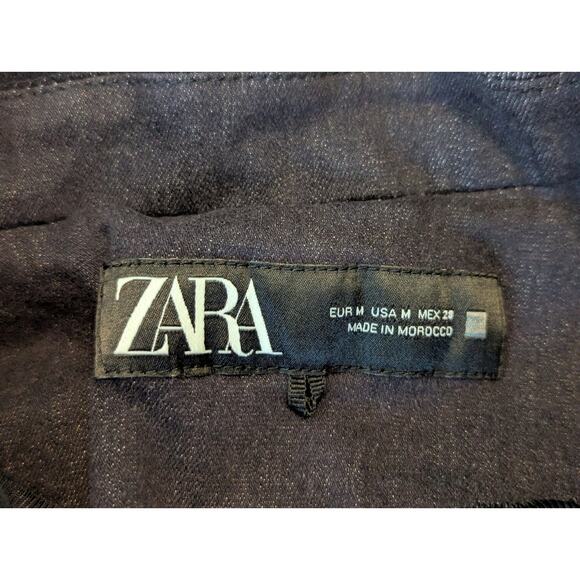 Zara Cropped Suit Jacket Coat Dark Blue Stretchy Denim Button Up Sz M - Picture 7 of 8